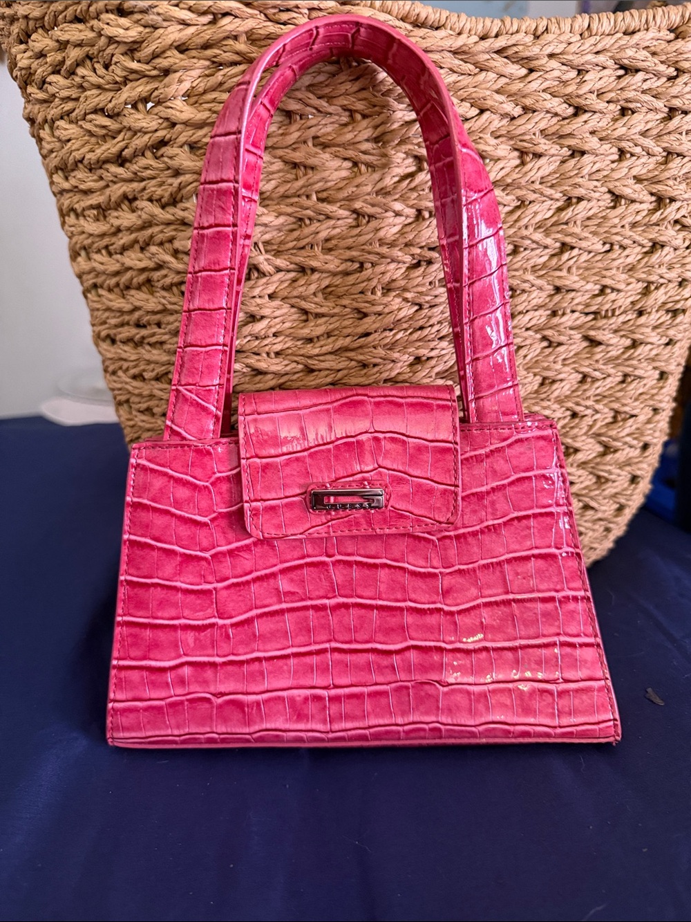 Pink Croc-Embossed Top-Handle Bag